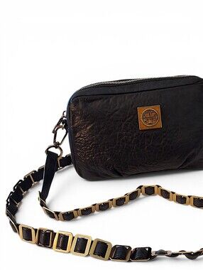 Tory Burch Pebbled Leather Crossbody Camera Bag Black Gold Chain Strap
